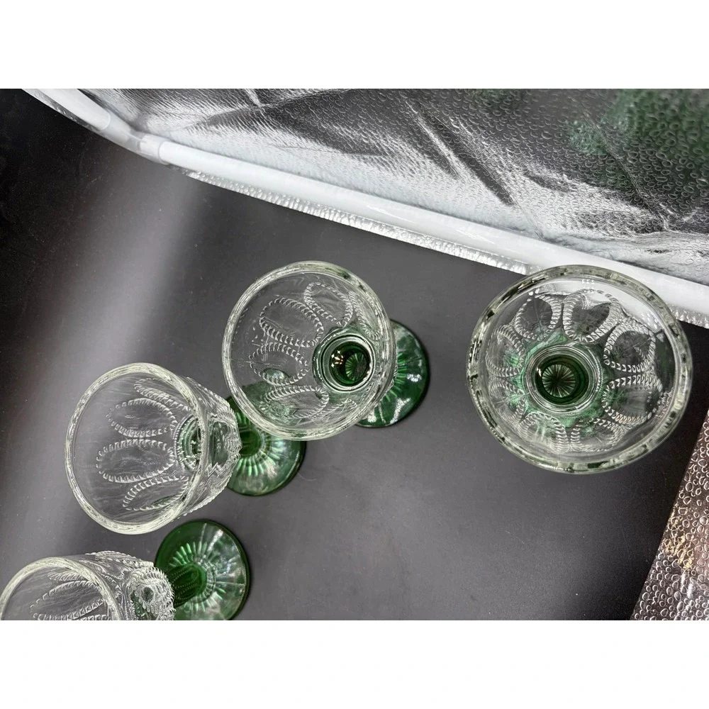 Vintage‎ Pressed Glass Juice Cordial Glasses Green Stem Beaded Swag Set of 6
